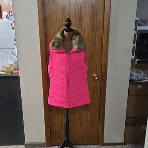 Talbots Pink Vest with Faux Fur Trim